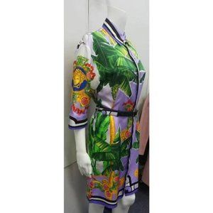 $2950 NWT VERSACE Beverly Palm Silk Twill Belted Multi-color Dress EU 40/US Med